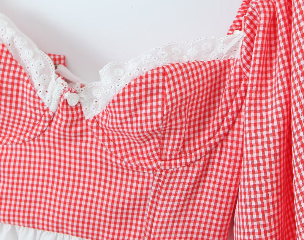 Red Gingham Puff Sleeve Bustier Top
