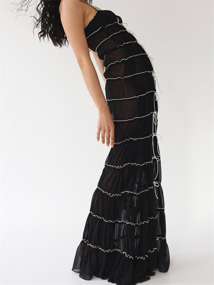Black Bow Scrunched Ruched Maxi Mesh Dress