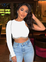 One Sleeve Rhinestone Fringe Crop Top Free From Label