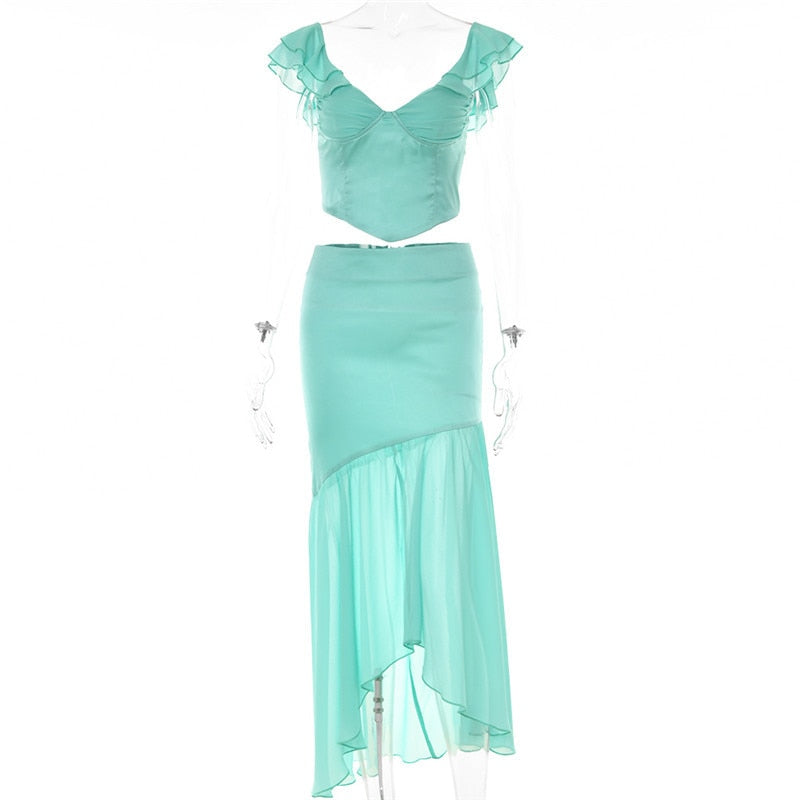 Mint Off-shoulder Cupped Top And Mesh Midi Skirt Set