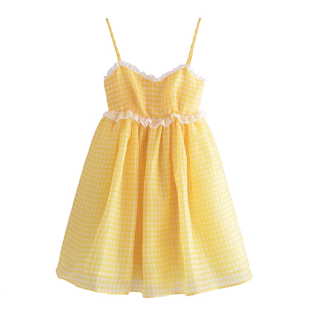 Yellow Plaid Puff Babydoll Mini Dress