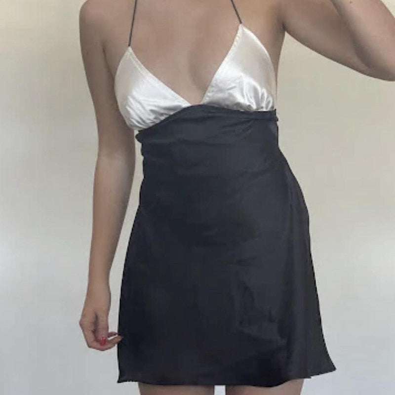 V-neck Satin Contrast Mini Dress