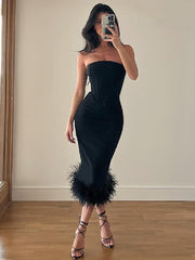 Black Tube Midi Dress With Fur Trim Free From Label