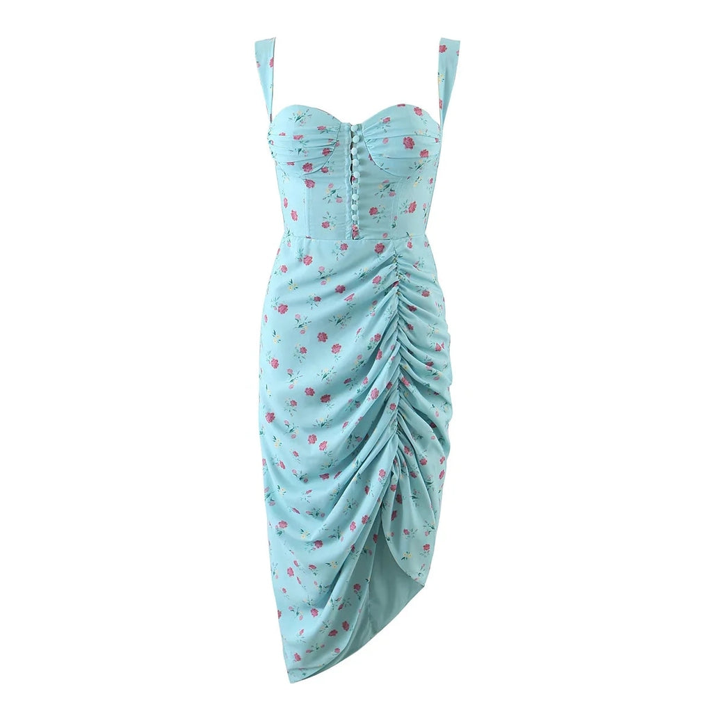 Blue Floral Mini Ruched Slit Bustier Dress