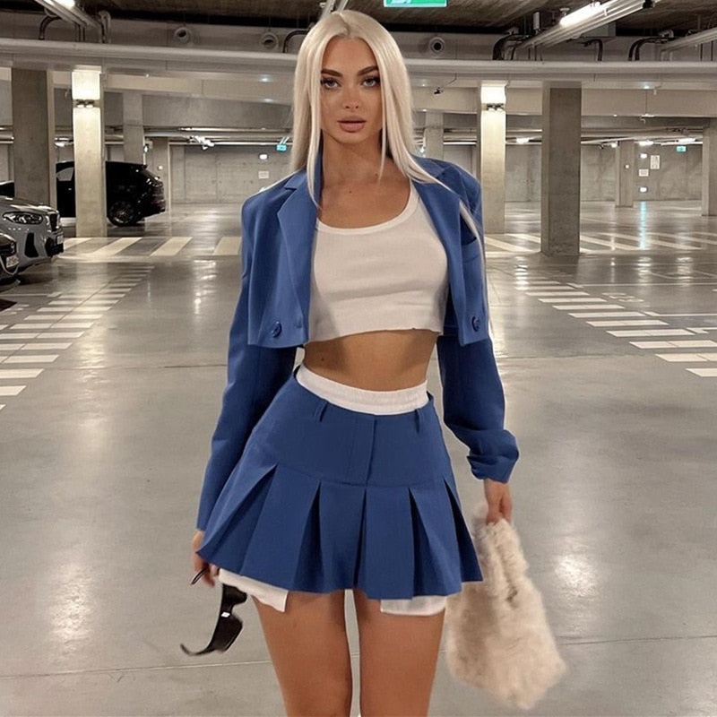 Cropped Blazer And Pleated Mini Skirt Set