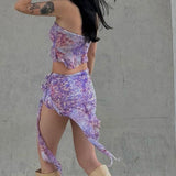 Purple Printed Frill Tube Top And Mini Skirt Two Piece Set