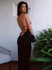 Black Halter Backless Maxi Dress With Back Straps Free From Label