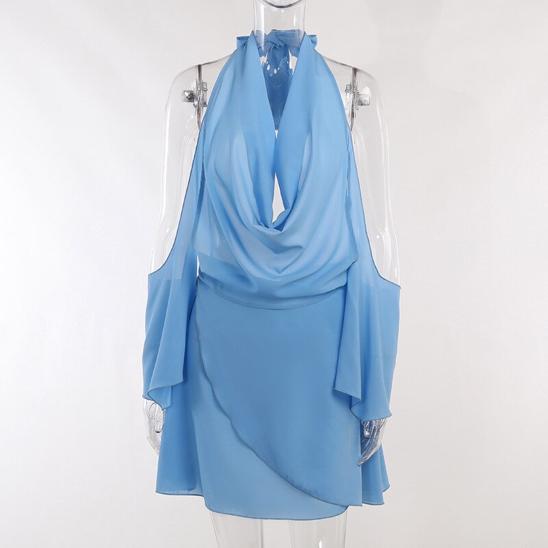 Blue Halter Deep Neck Off-shoulder Long Sleeve Mini Dress