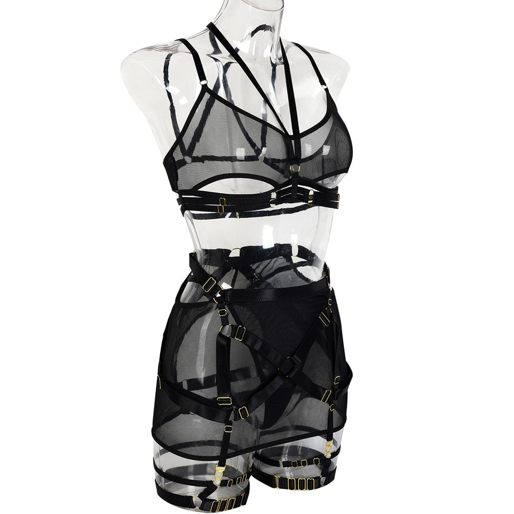 Sheer Strappy Lingerie Set With Mesh Cut Out Tights