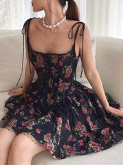 Black Floral Print Tie-Up Corset Frill Mini Dress Free From Label