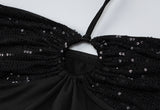 Black Halter Sequin Slit Midi Dress