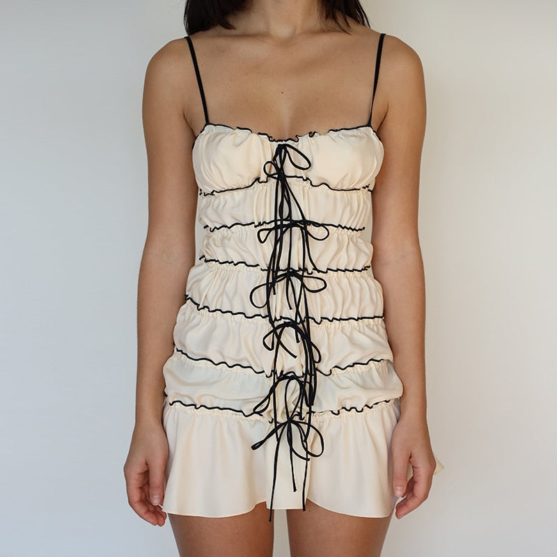 Bow Ruched Design Mini Strap Dress