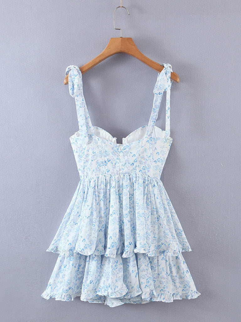 Blue Floral Bustier Tie Up Frill Mini Dress
