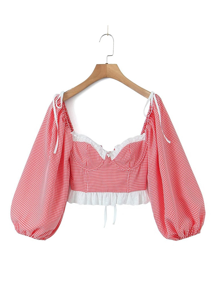 Red Gingham Puff Sleeve Bustier Top Free From Label