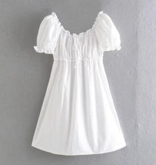 White Puff Sleeve Square Ruffle Collar Tie Up Mini Dress Free From Label