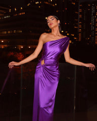 Purple One Shoulder Satin Hollow Cut Maxi Dress Free From Label