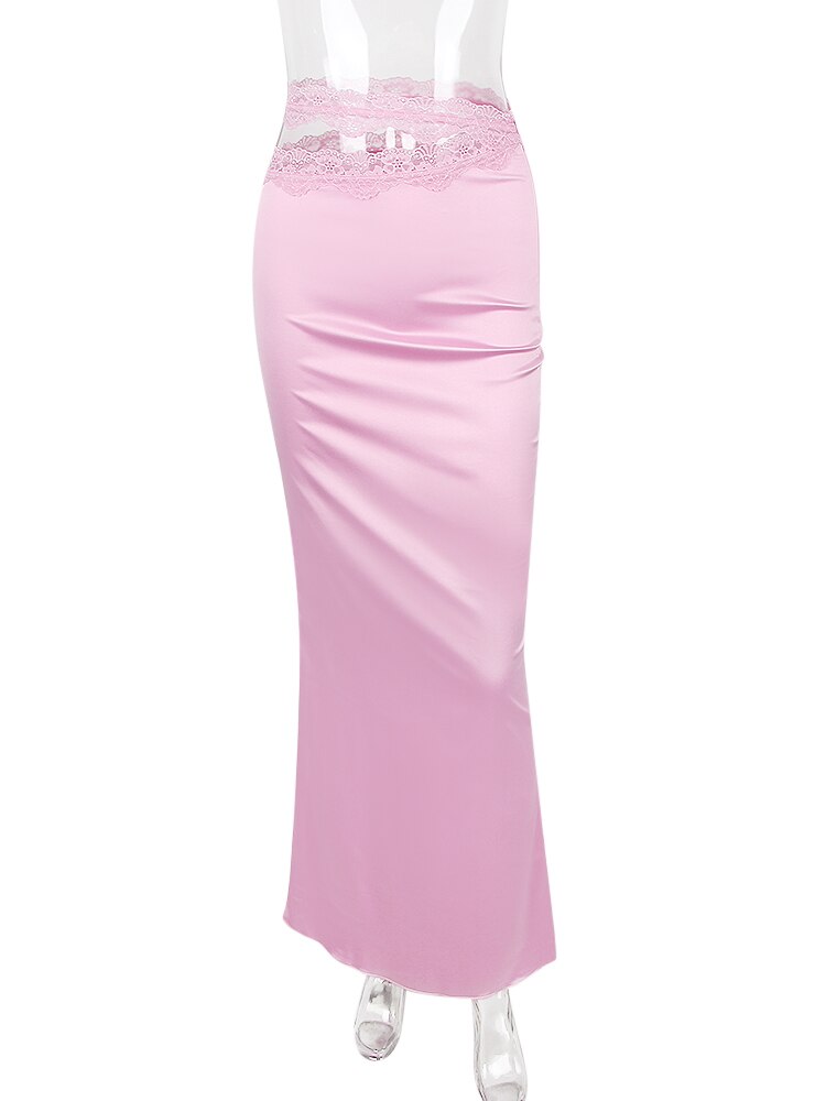 Pink Satin Lace Trim Crop Top And Maxi Skirt Set