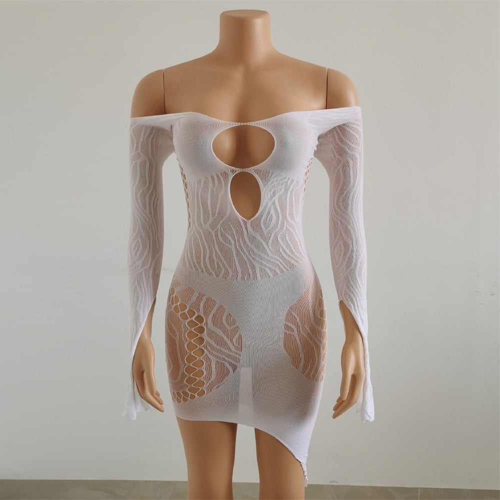 Front Hollow Cut Off-shoulder Bodycon Mesh Mini Dress