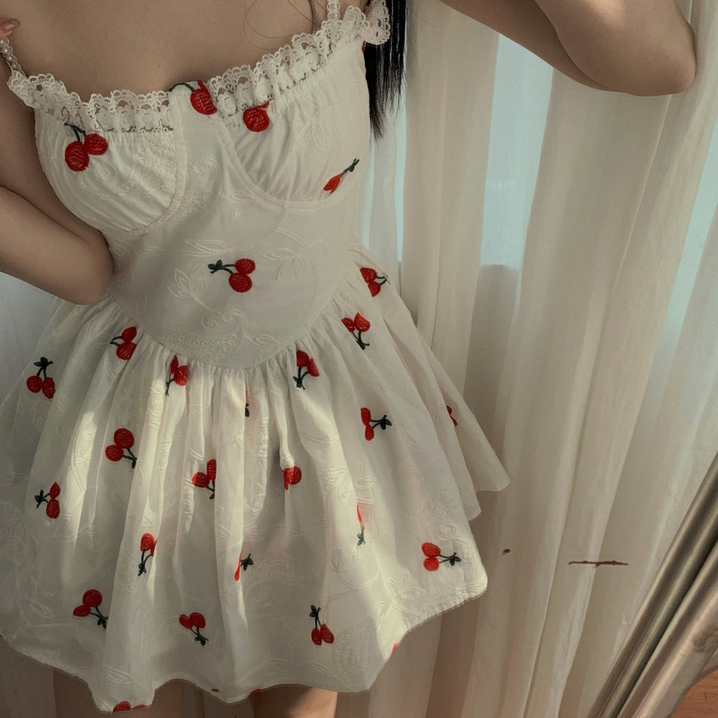 White Cherry Print Skater Mini Dress
