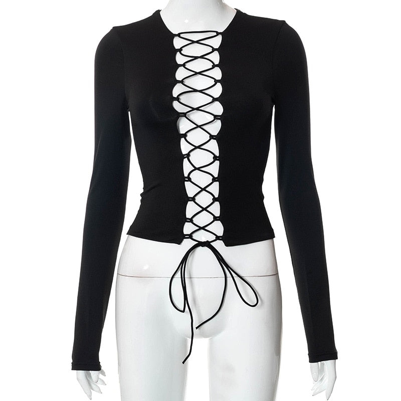 Black Long Sleeve Lace Tie Up Cut Out Top