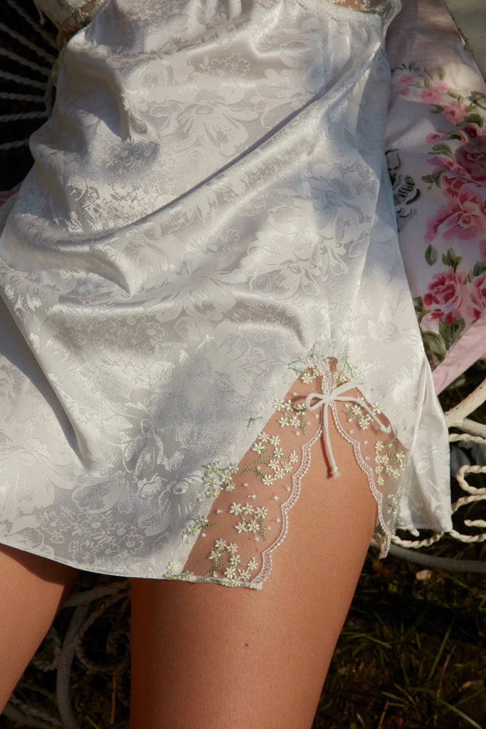 White Floral Satin Mesh Tie Up Slip Mini Dress