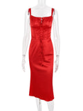 Red Satin Tie-Up Bustier Strappy Midi Dress