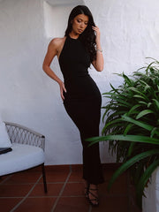 Black Halter Backless Maxi Dress With Back Straps Free From Label