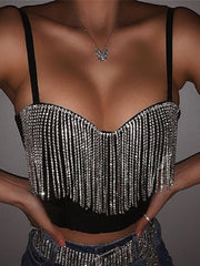 Black Strap Crop Top With Rhinestone Fringe Free From Label