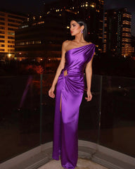 Purple One Shoulder Satin Hollow Cut Maxi Dress Free From Label