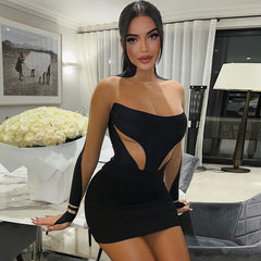 Black Patchwork Mesh Long Sleeve Bodycon Mini Dress Free From Label