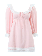 Pink Long Puff Sleeve Baby Doll Mini Dress Free From Label