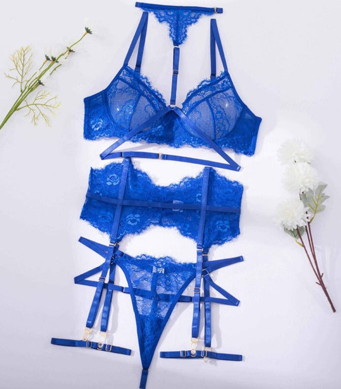 Lace Embroidery Lingerie Set With Choker, Bra, Thong & Garter Belt