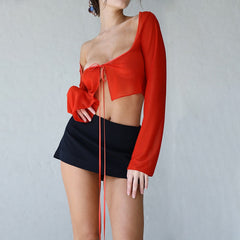 Mesh Tie-Up Long Sleeve Square Neck Crop Top Free From Label