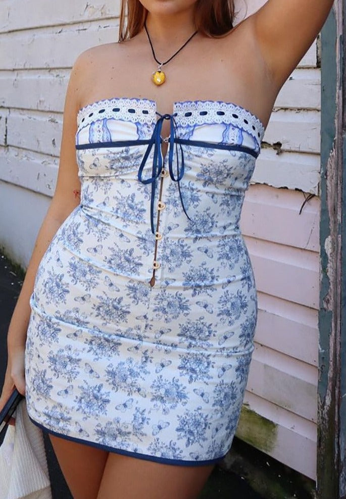 Blue Floral Lace Tube Mini Dress Free From Label