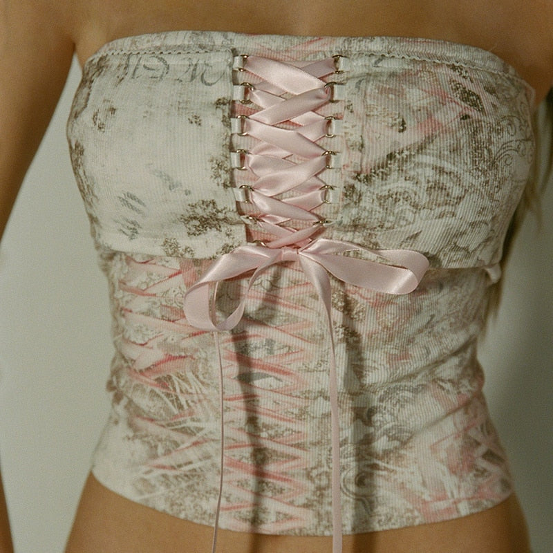 Printed Corset Pink Ribbon Tie-Up Tube Top Free From Label