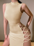 High Neck Sleeveless Side Tie-Up Midi Dress