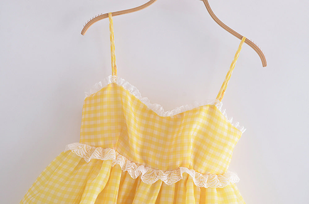 Yellow Plaid Puff Babydoll Mini Dress