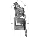 Sequin One Shoulder Drawstring Top And Mini Skirt Set
