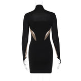 Black Patchwork Mesh Long Sleeve Bodycon Mini Dress