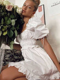 White Ruched Puffed Sleeve Mini Dress