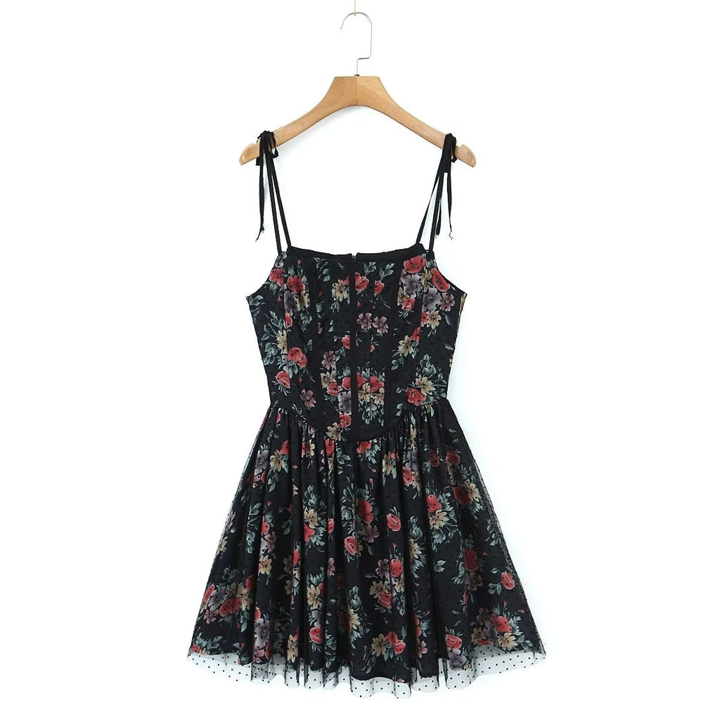Black Floral Print Tie-Up Corset Frill Mini Dress