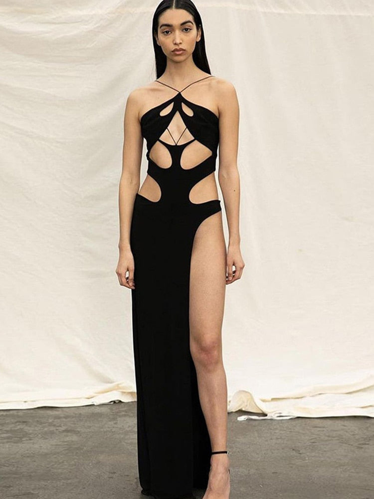 Black Halter Hollow Cut Out Design Maxi Slit Dress