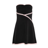 Pink Lace Trim Black Tube Mini Dress
