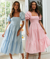 Plaid Puff Sleeve Midi Dress - Free From Label