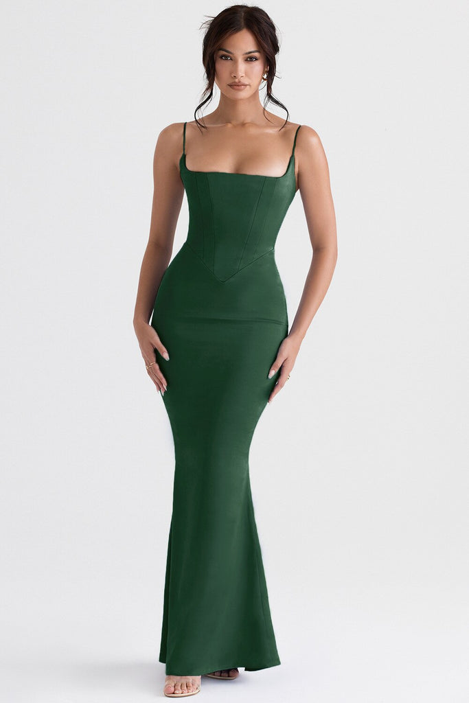 Green Satin Strappy Tie Front Maxi Dress