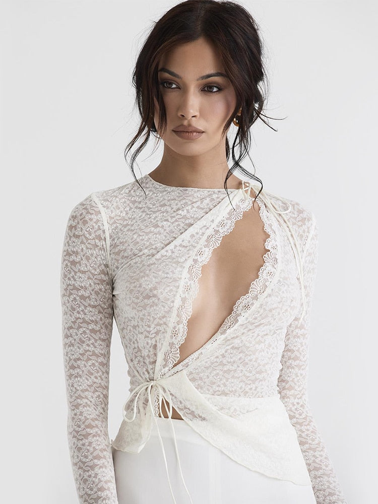 White Lace Mesh Long Sleeve Front Cut Wrap Top