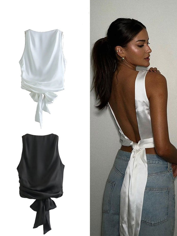 Satin Backless Lace-Up Tank Top