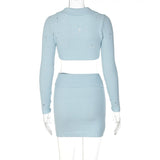 Blue Ribbed Buttoned Long Sleeve Crop Top And Mini Skirt Set