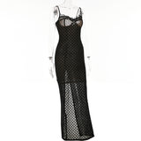 Black Polka Dot Lace Sheer Cupped Maxi Dress