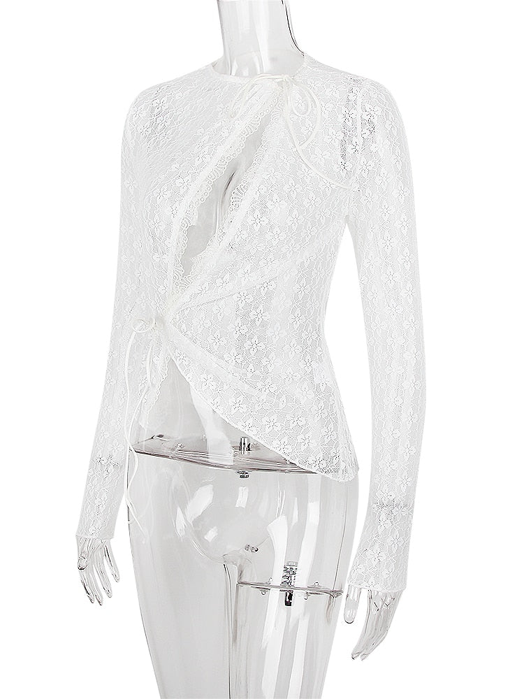 White Lace Mesh Long Sleeve Front Cut Wrap Top